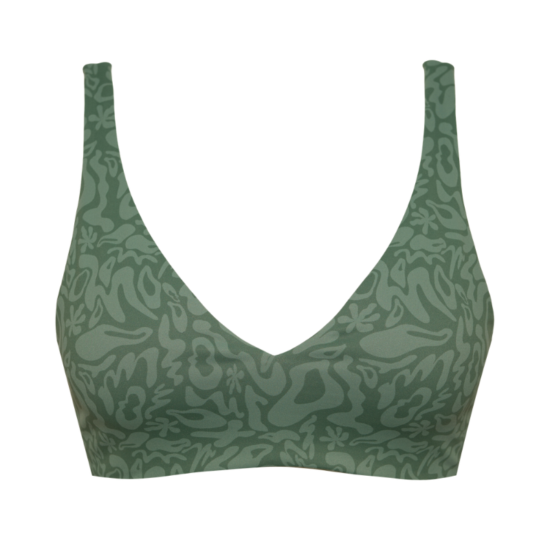 Green patterned bralette on a white background